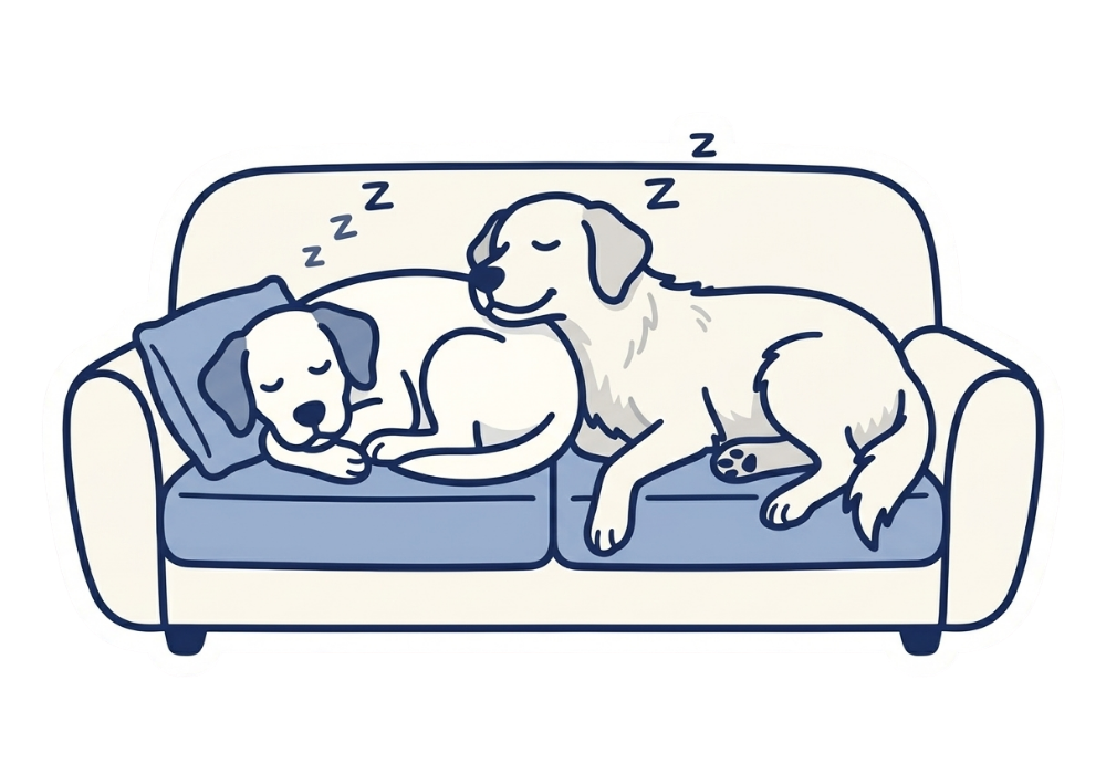 Two dogs napping on a sofa
