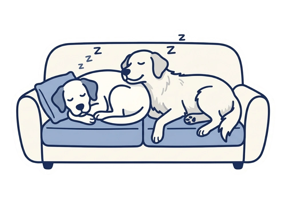Two dogs napping on a sofa
