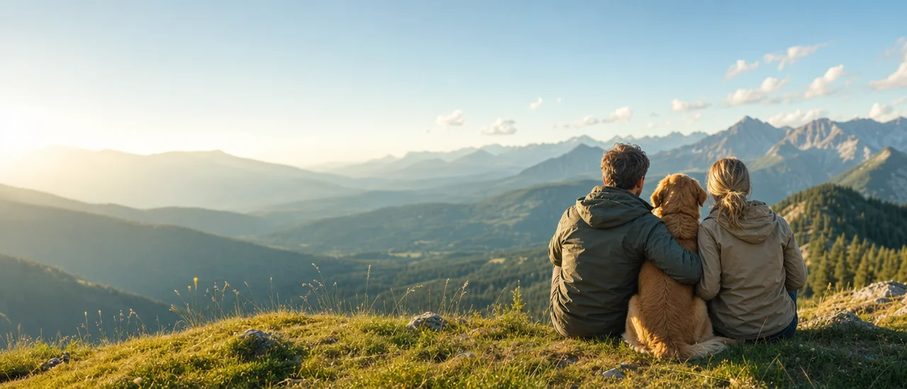 A couple and their dog enjoying a mountain view