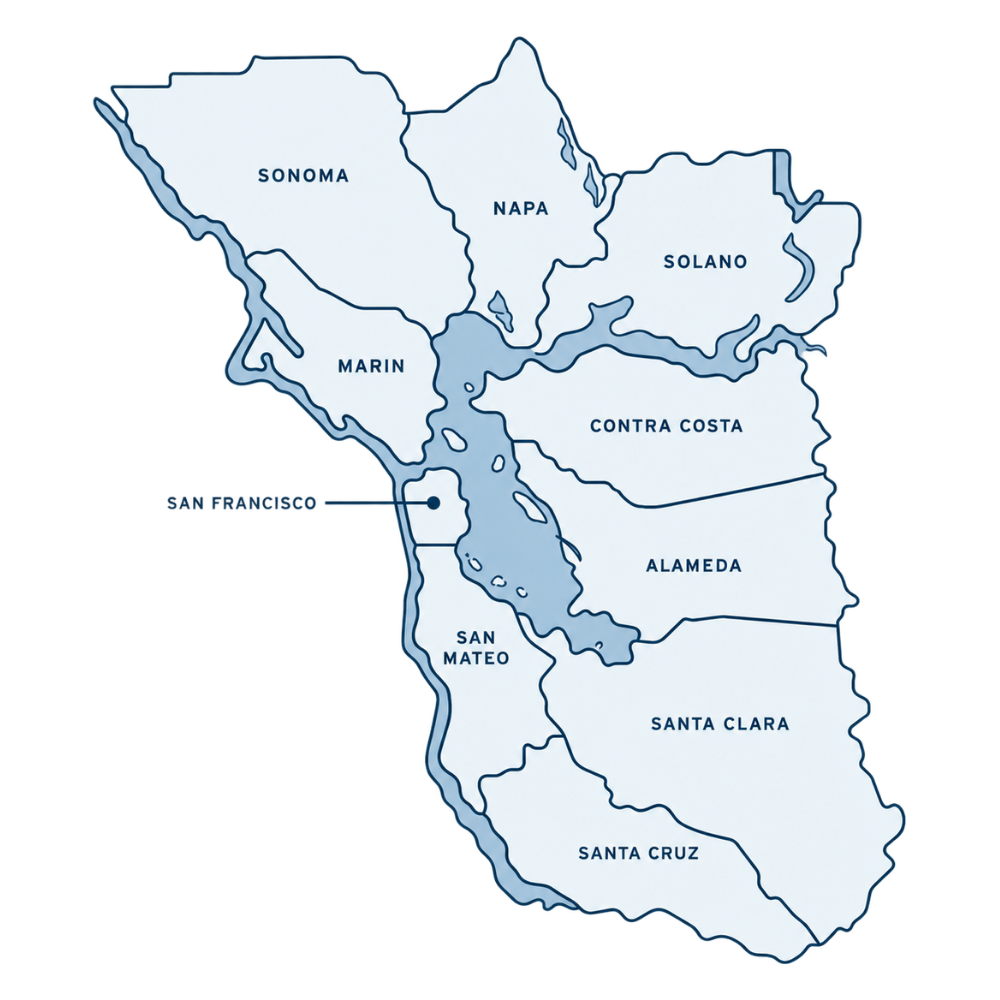 Map of the San Francisco Bay Area counties Diamond Dogs serves
