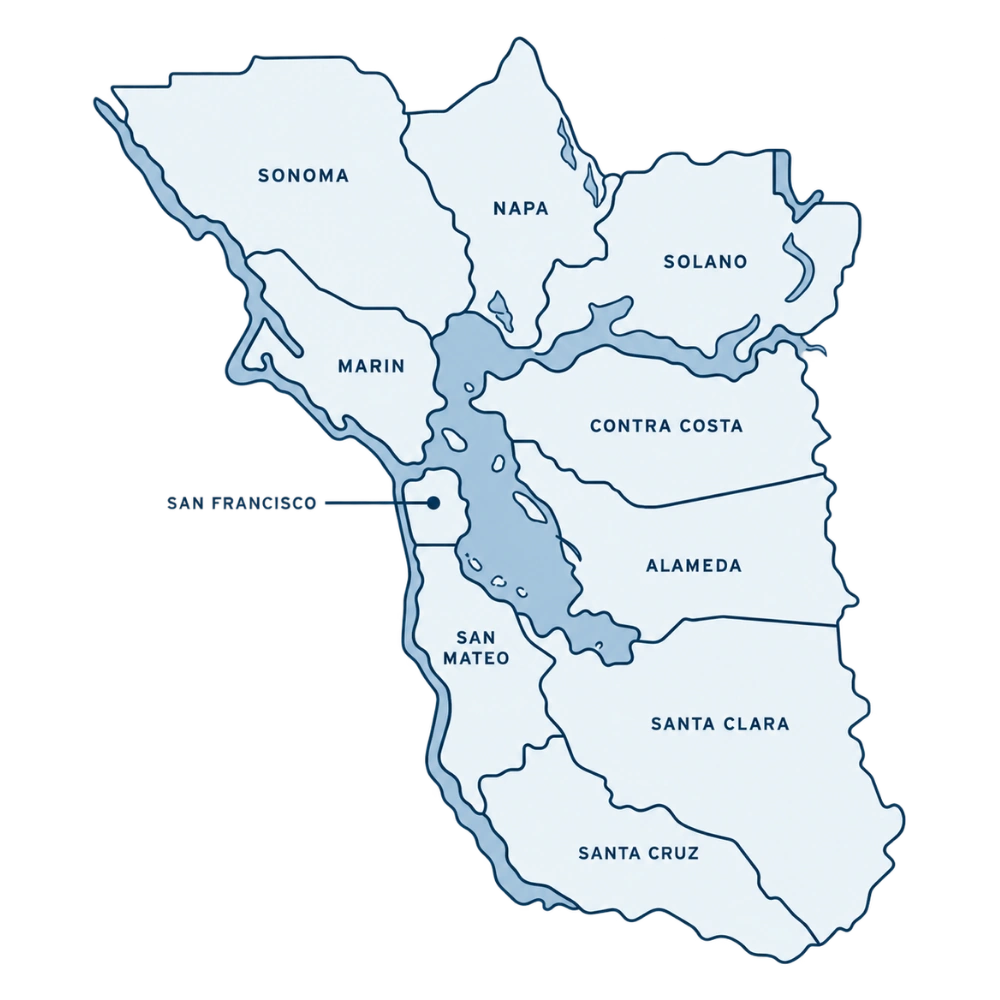 Map of the San Francisco Bay Area counties Diamond Dogs serves